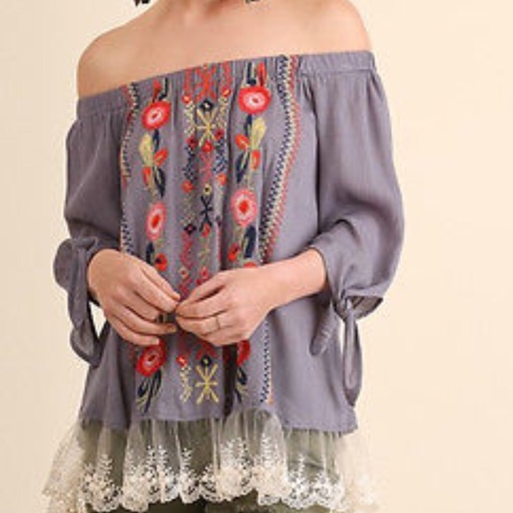 Off Shoulder Embroidered Boho Top - Picture 2 of 8